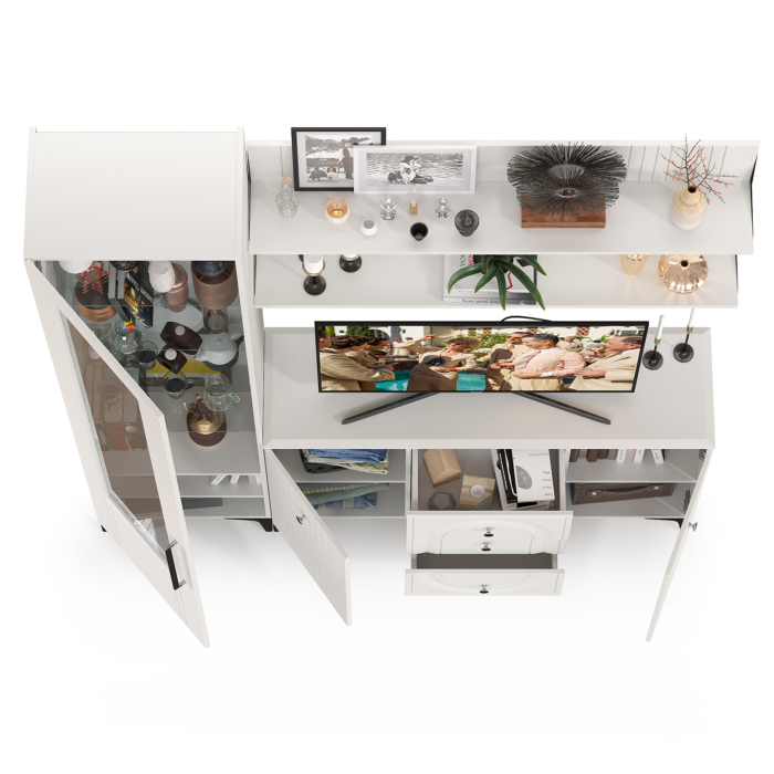 Стенки для гостиной, TV-тумба-комод с двумя навесными полками и пенал со стеклом в гостиную Валенсия № 94