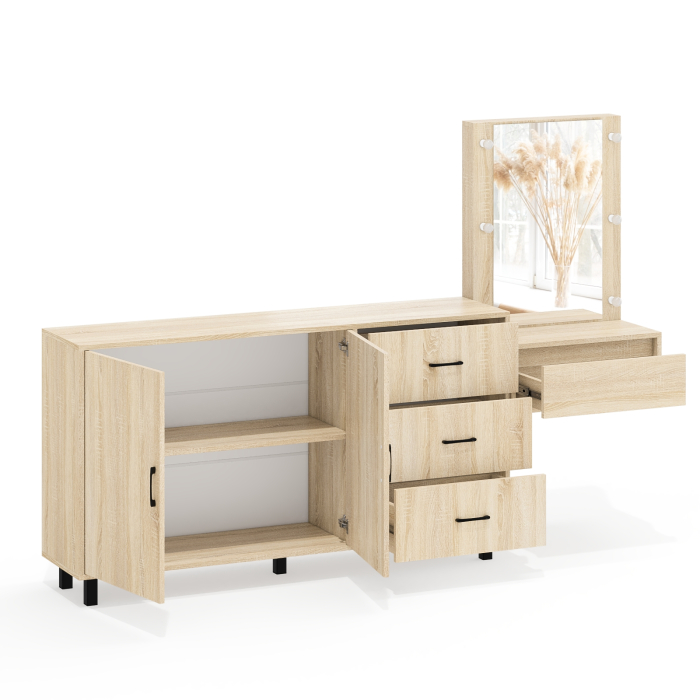 С зеркалом, Косметический навесной столик с подсветкой и комод с ящиками и дверками 123-1604