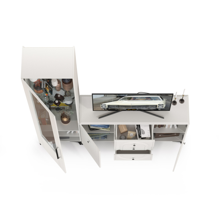 Стенки для гостиной, Пенал со стеклом и комод-ТВ-тумба Валенсия № 92