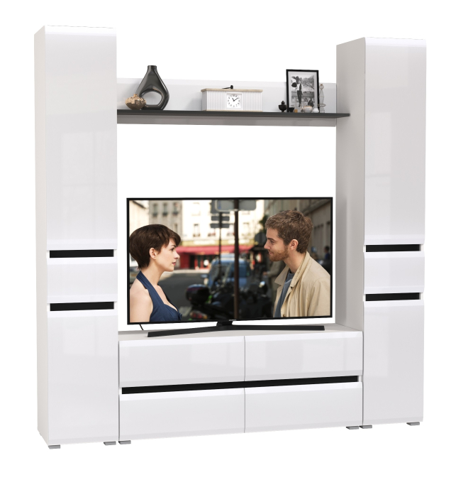 Стенки для гостиной, Тумба-ТВ с открытой навесной полочкой и два пенала Сидней с ящиками