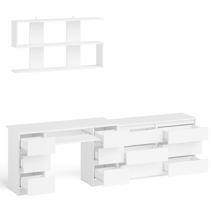 Домашние кабинеты, Широкий комод Мори на шесть ящиков с двутумбовым столом МС-2 и открытой полкой