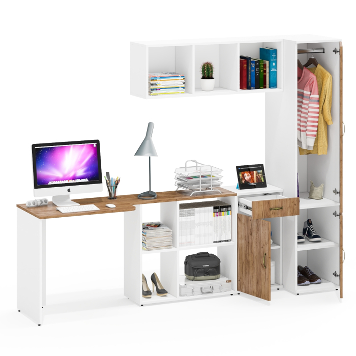 Домашние кабинеты, Мебель для домашнего офиса Лидер-8 из стола с полкой сверху и пенала для одежды с тумбочкой 3.15