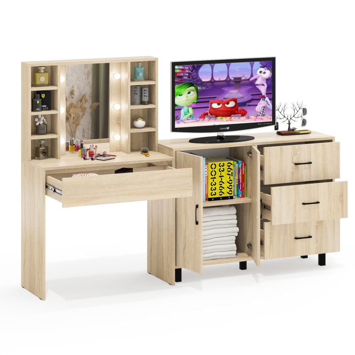 С зеркалом, Туалетный столик с подсветкой 115 и тумба-комод 123-1204