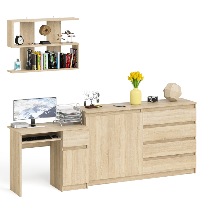 Домашние кабинеты, Тумба-комод с дверками и ящиками на 1600 со столом с тумбой и ящиком справа и навсеной полкой Мори