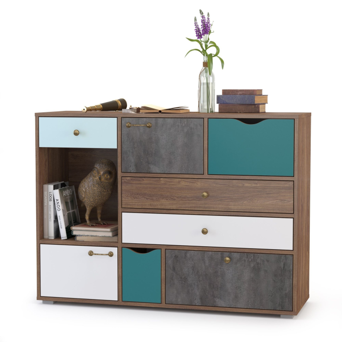 Комоды, Комод Вайс 10.104 морское дерево винтаж/камень тёмный/бензин/мята/белый премиум