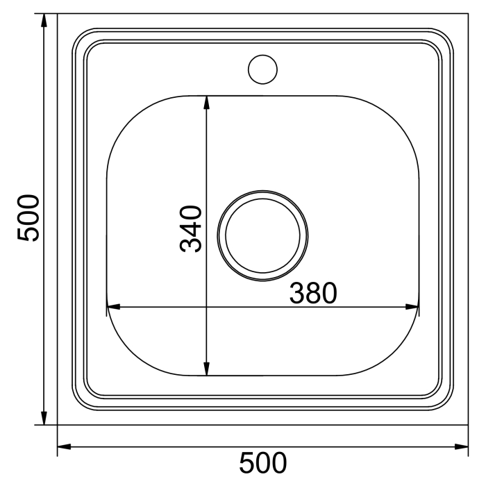 Кухонные мойки, Мойка 50х50 (0,8) вып 3 1/2 MIXLINE 18см с сифоном