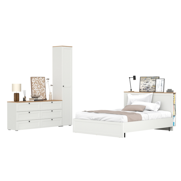 Спальные гарнитуры, Комод шесть ящиков Остин с кроватью 1600 с основанием и пеналом с полками