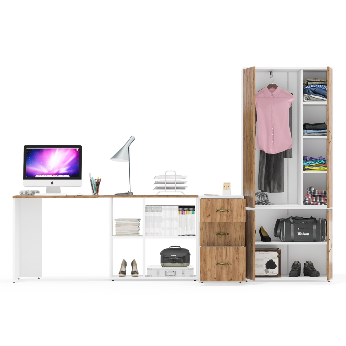 Домашние кабинеты, Платяной шкаф 19Б с рабочим столом-трансформером и тумбочкой для бумаг и документов