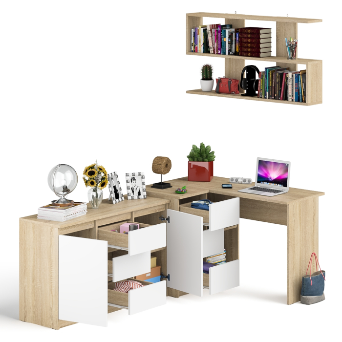 Домашние кабинеты, Угловой компьютерный стол Мори МС-16 левый с верхней полкой и тумбой-комодом 1200-3