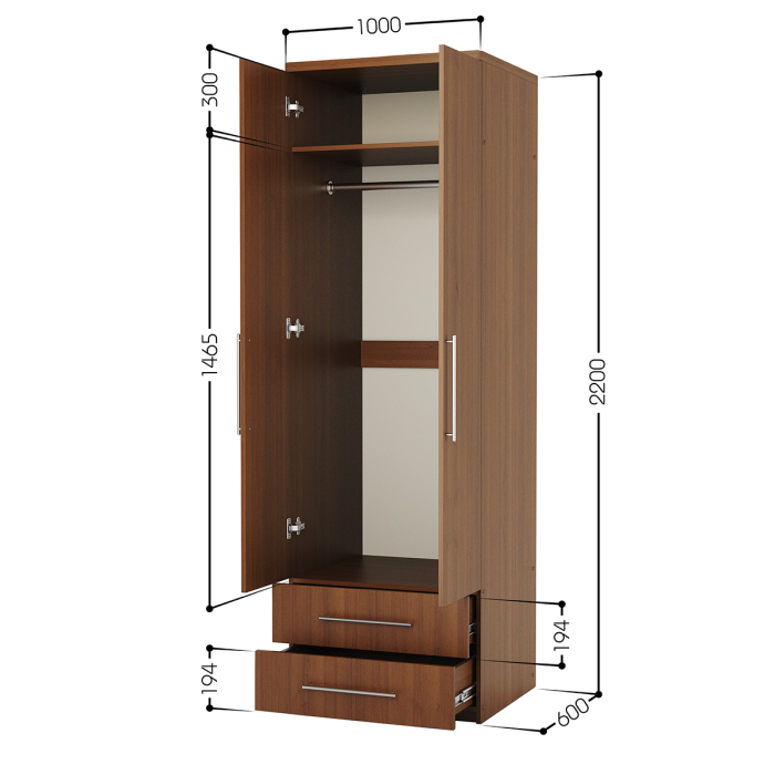 Для одежды, Шкаф для одежды с ящиками Комфорт МШЯ-21 100х60 с зеркалами