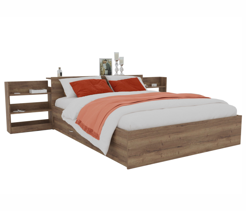 Двуспальные, Кровать Доминика с блоком и ящиком 140 (Дуб Золотой) с матрасом АСТРА