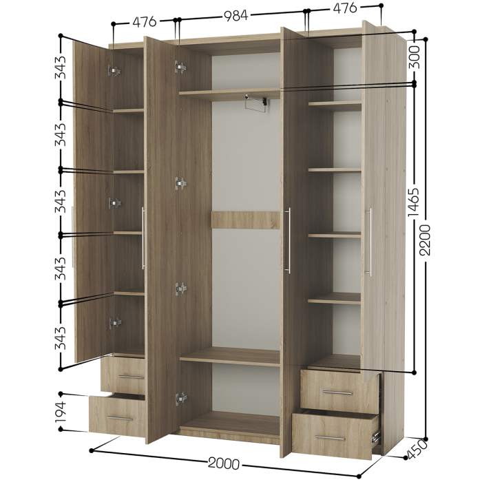 Для одежды, Шкаф четырехдверный Комфорт МКЯ2-43 200х45 с зеркалами