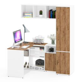 Компьютерный стол с нишами с навесной полкой Лидер-8 и тумбочкой 3.19 с пеналом для одежды