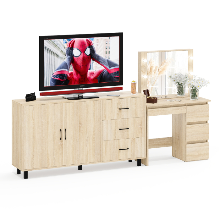 С зеркалом, Косметический столик Сура с зеркалом и подсветкой и с тумбой-комодом 123-1604