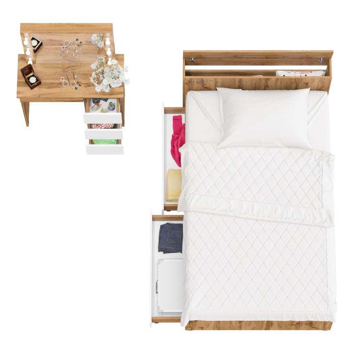 Спальные гарнитуры, Кровать с ящиками полутораспальная Ксения 1200 и туалетный столик с подсветкой Сура