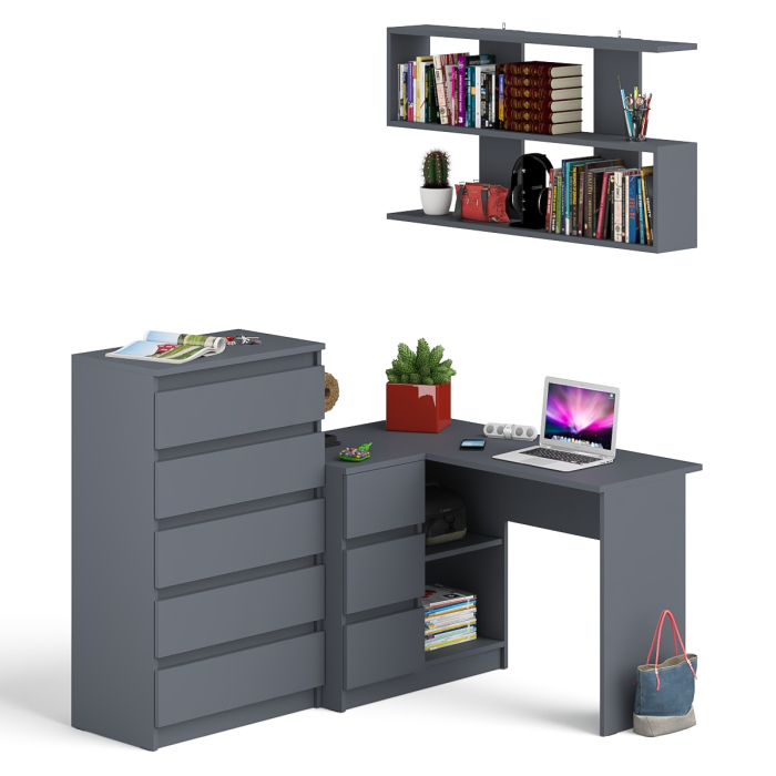 Домашние кабинеты, Угловой компьютерный стол Мори МС-16 левый с навесной полкой и высоким комодом на 5-ть ящиков