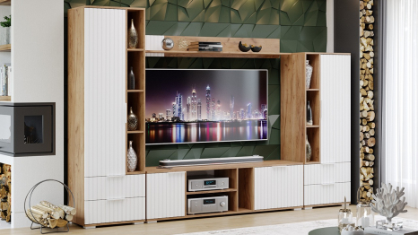 Тумба под ТВ Хилтон, дуб крафт золотой, белый матовый