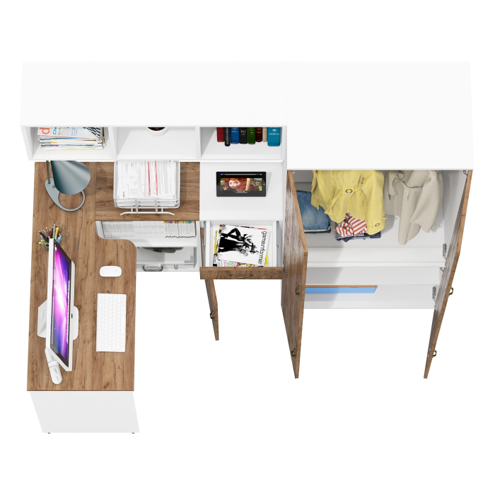 Домашние кабинеты, Настенная полка для книг Лидер-8 с рабочим столом с нишей с тумбочкой 3.15 и шкафом 19Б