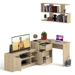 Угловой стол компьютерный Мори МС-16 левый с тумбой под ТВ и полкой для книг