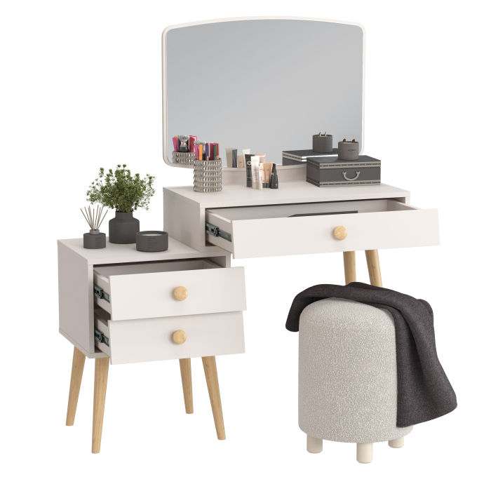 С зеркалом, Пуфик мягкий Марта и туалетный стол в спальню Афина