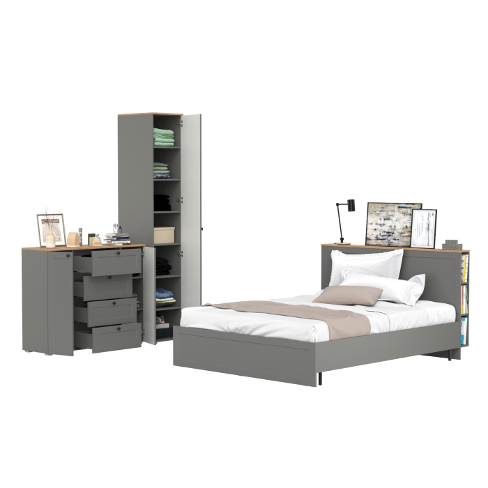 Спальные гарнитуры, Двухспальная кровать с ортопедическим основанием Остин и платяной шкаф-пенал с тумбой-комодом