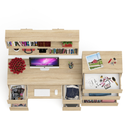 Стол для работы МС-2 с высоким комодом на пять ящиков и навесной полкой Мори