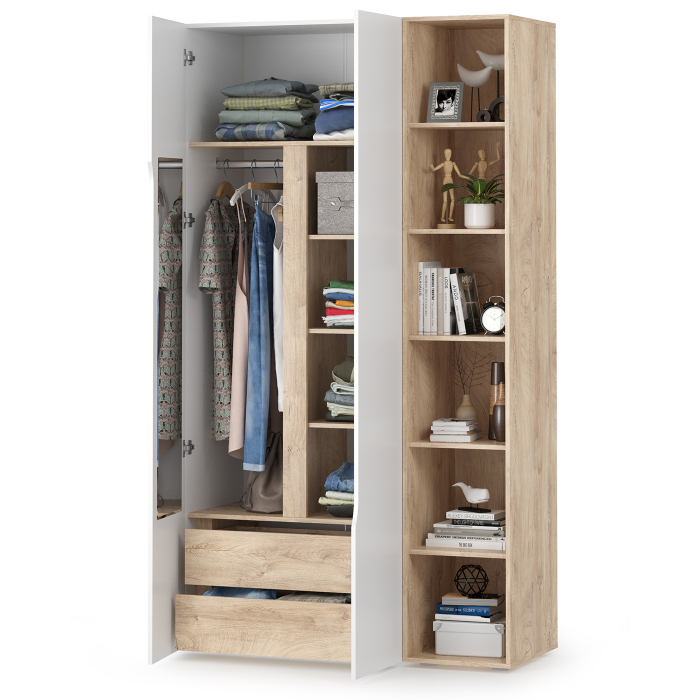 В гостиную, Шкаф двухстворчатый с открытым стеллажом Муссон белый/дуб эндгрейн