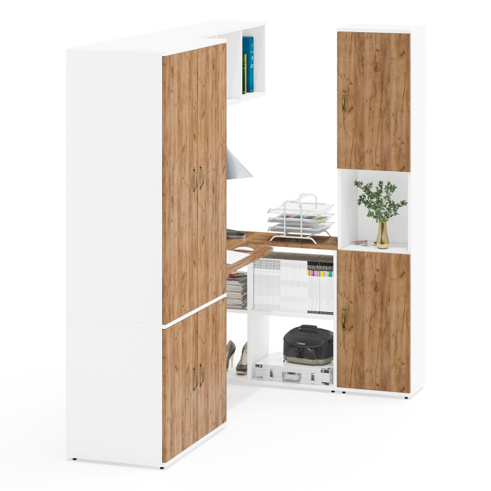 Домашние кабинеты, Стол-трансформер письменный с настенной полкой для книг Лидер-8 с глубоким шкафом и пеналом с нишей