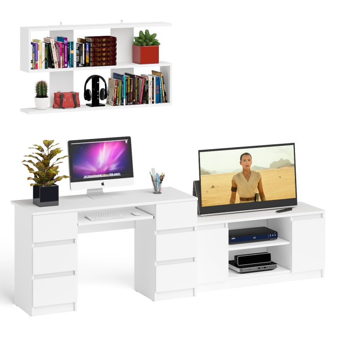 Домашние кабинеты, Письменный стол Мори МС-2 с ТВ-тумбой 1200 и навесной полкой 1200