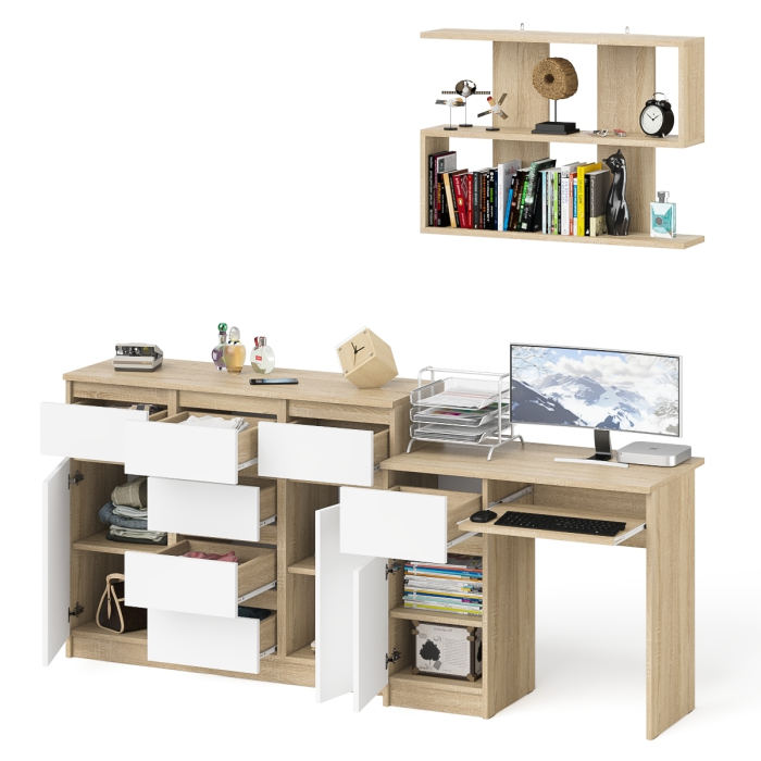 Прямые компьютерные столы, Навесная полка 900 Мори со столом компьютерным МС-1 левый и комодом МК1200.4