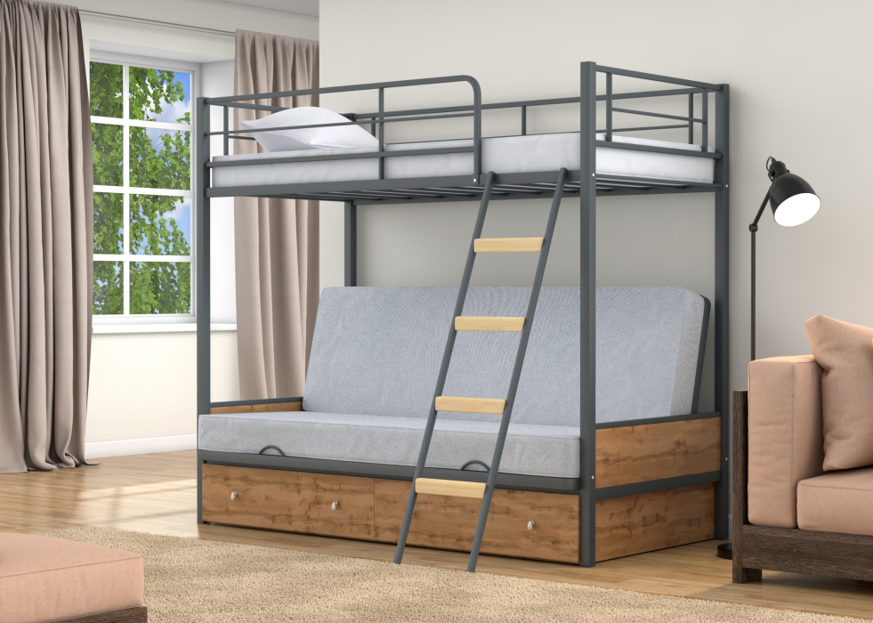 Для подростков, Двухъярусная кровать-диван Дакар 2 ящики Дуб крафт табак