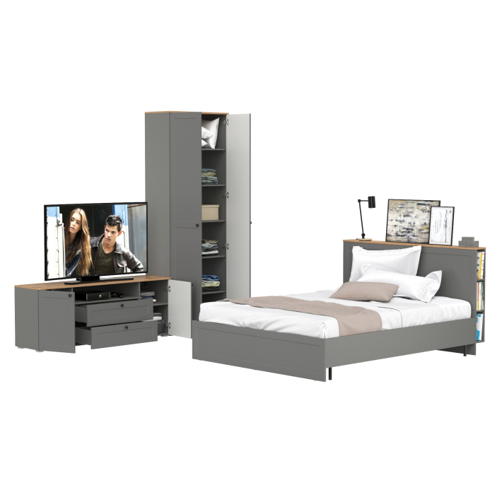 Спальные гарнитуры, Кровать 1600 с ортопедическим основанием с тумбой для ТВ и шкафом с полками Остин 16.307