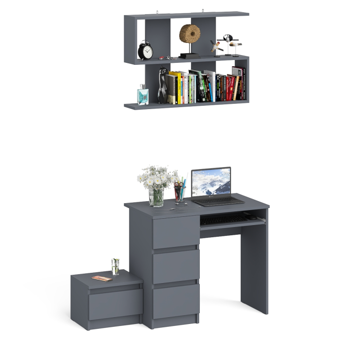 Прямые компьютерные столы, Стол компьютерный три ящика МС-6 левый с тумбочкой ТМП400 и навесной полкой 900 Мори