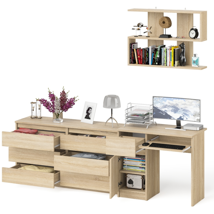 Прямые компьютерные столы, Компьютерный стол МС-1 левый с широким комодом МК1380-6 и полкой Мори 900