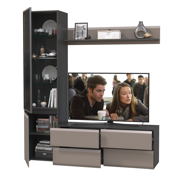 Стенки для гостиной, Шкаф-витрина с навесной полочкой и тумба для ТВ Сидней