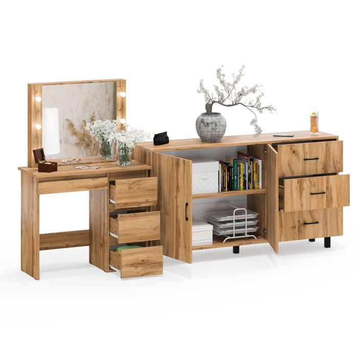 С зеркалом, Косметический столик Сура с зеркалом и подсветкой и с тумбой-комодом 123-1604