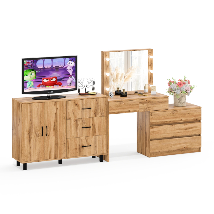 С зеркалом, Стол косметический с подсветкой 110 и тумба-комод с тремя ящиками и дверками 123-1204