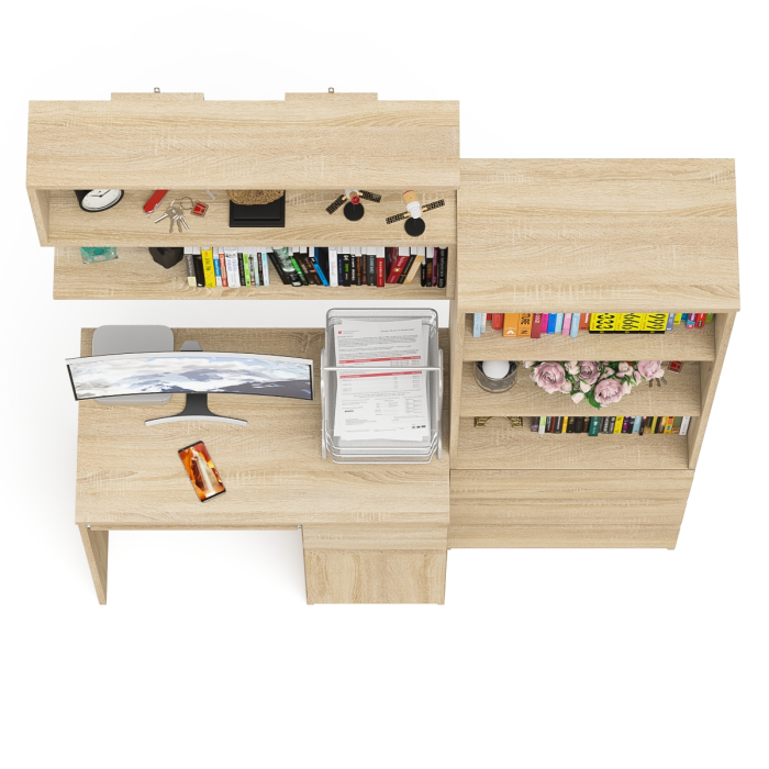 Прямые компьютерные столы, Стол компьютерный Мори МС-1 правый с навесной полкой и стеллаж-комодом 600.3