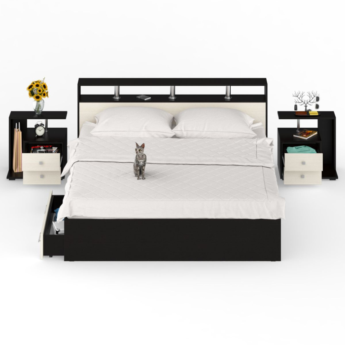 Спальные гарнитуры, Кровать с ящиками Камелия 1800 с двумя прикроватными тумбами