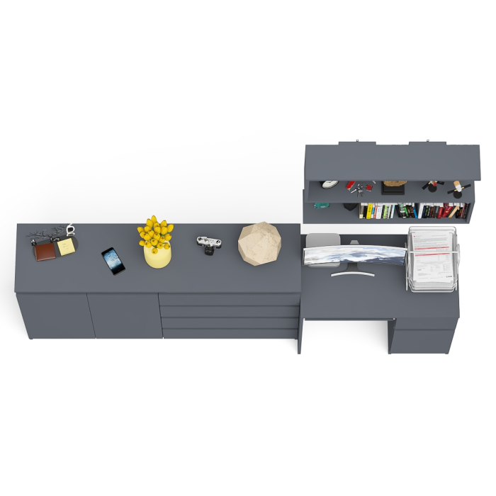 Домашние кабинеты, Тумба-комод с дверками и ящиками на 1600 со столом с тумбой и ящиком справа и навсеной полкой Мори