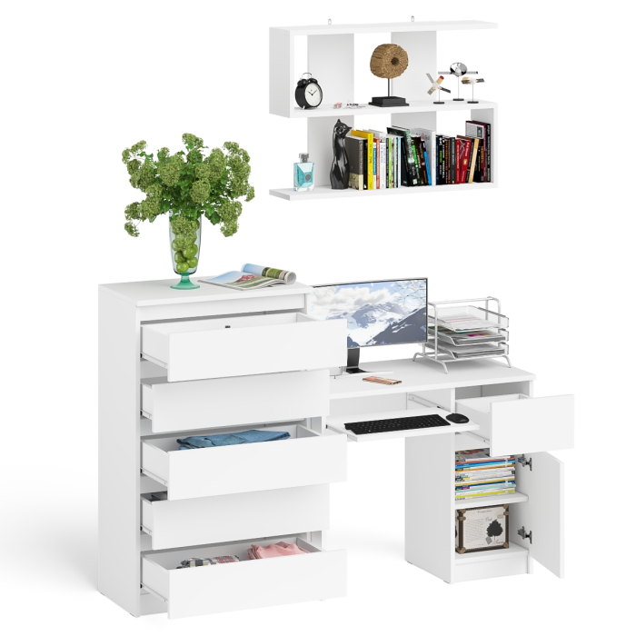 Домашние кабинеты, Стол компьютерный Мори МС-1 правый с высоким комодом на пять ящиков и навесной полкой