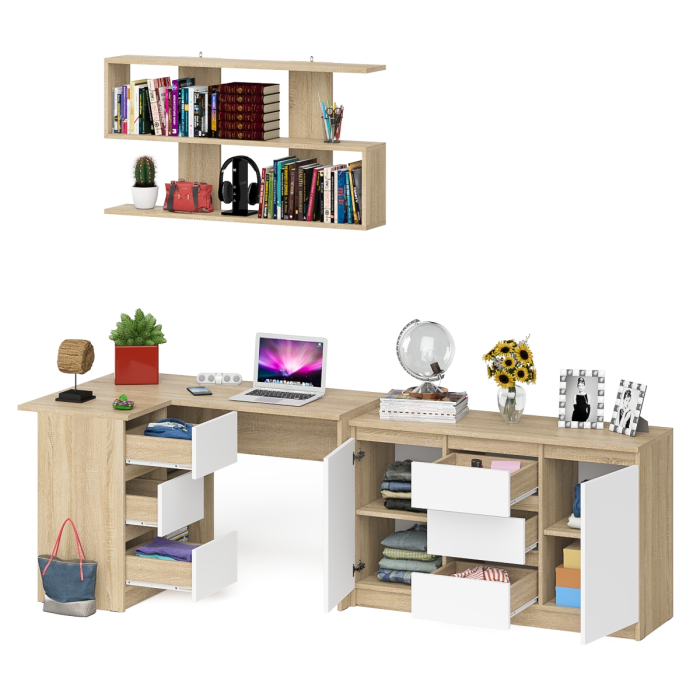 Домашние кабинеты, Угловой компьютерный стол Мори МС-16 левый с верхней полкой и тумбой-комодом 1200-3