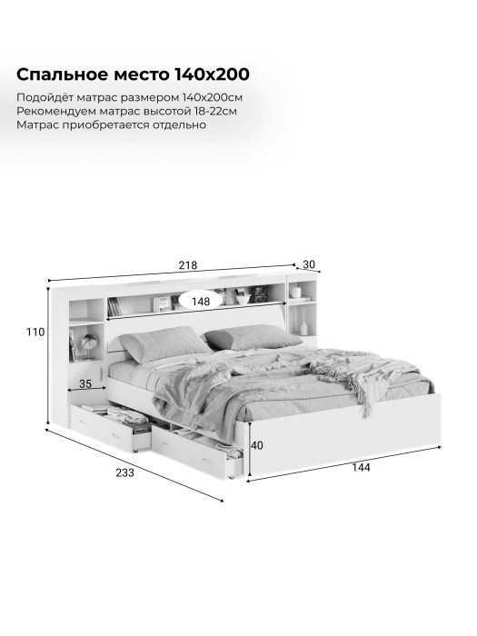Кровати, Кровать Виктория XL с прикроватным блоком, ящиками и тумбами 140х200