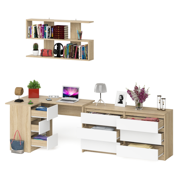 Домашние кабинеты, Стол угловой компьютерный Мори МС-16 левый с навесной книжной полкой и комодом МК1380.6