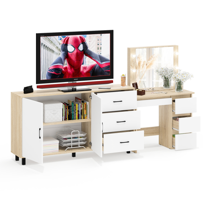 С зеркалом, Косметический столик Сура с зеркалом и подсветкой и с тумбой-комодом 123-1604