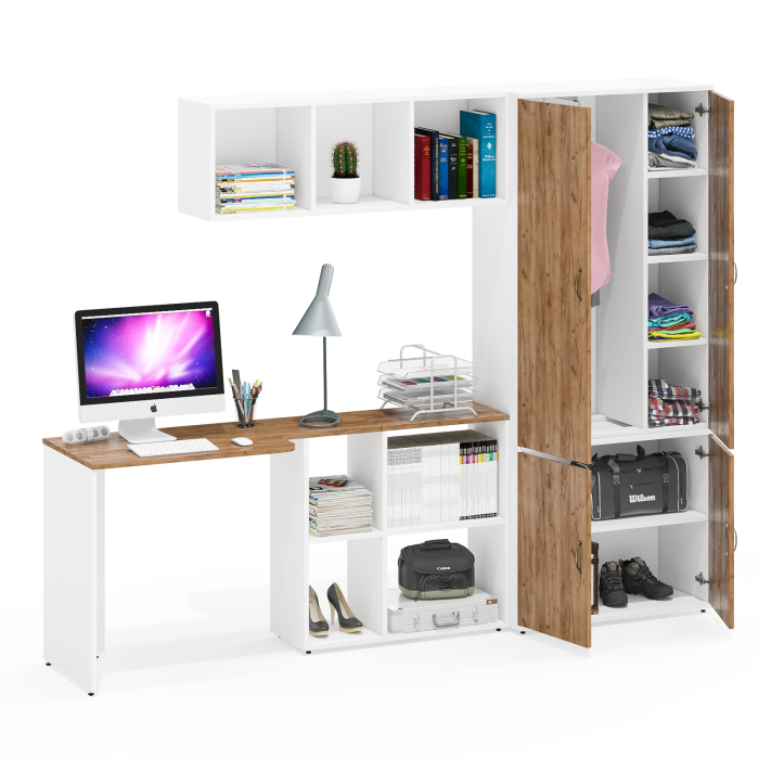 Домашние кабинеты, Шкаф для белья и одежды Лидер-8 и место для учёбы из письменного стола с полкой навесной
