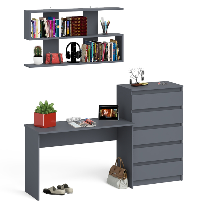 Прямые компьютерные столы, Комод высокий Мори пять выдвижных ящиков со столом для работы на 1200 и навесной полкой 1200