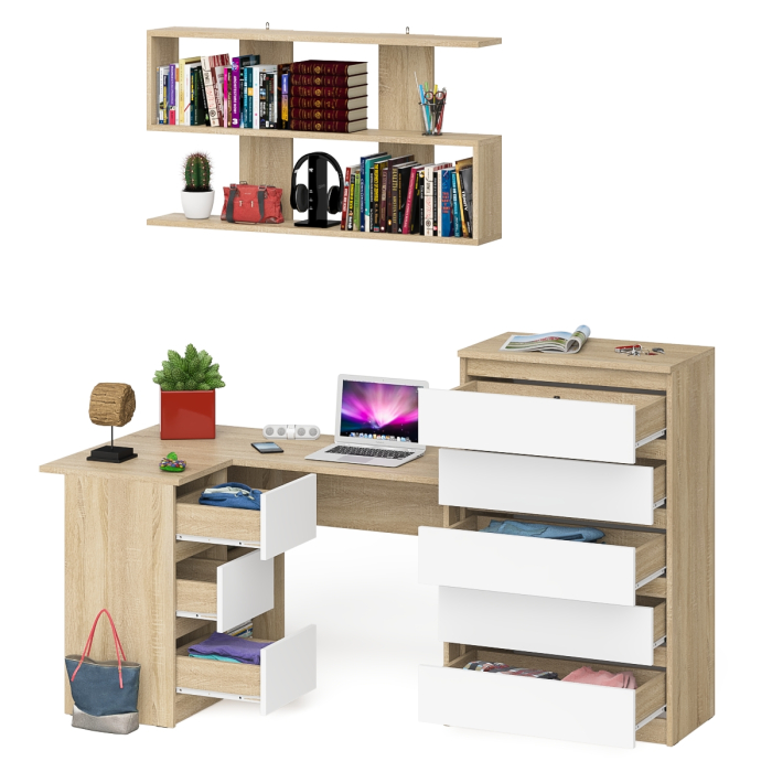 Домашние кабинеты, Угловой компьютерный стол Мори МС-16 левый с навесной полкой и высоким комодом на 5-ть ящиков