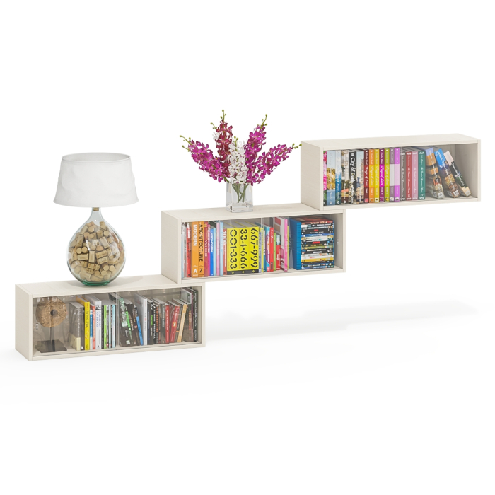 Настенные полки, Три книжные полки КН1 со стеклянными сдвижными дверками