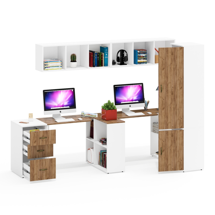 Домашние кабинеты, Модульная мебель для хранения одежды и вещей и два стола для работы Лидер-8